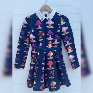 ELF SACK Mushroom Print Peter Pan Collar Pleated Lapel Pin Mini Long Sleeve